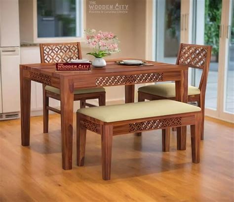 THE WOODEN CITY Solid Sheesham Wood Dining Table 4 Seater Dining Table ...