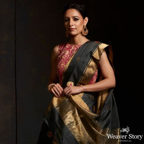 Grey chanderi silk saree with floral bootis in gold zari with meenakar ...