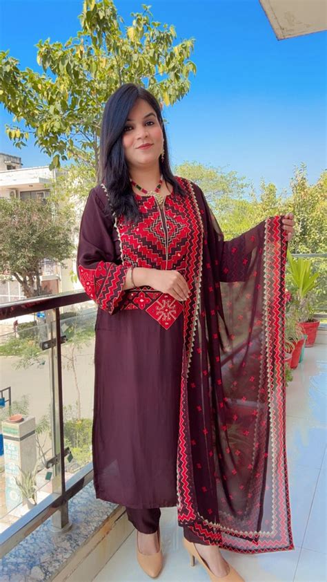 Crepe Brown or Red Printed Suit – Preet Collections