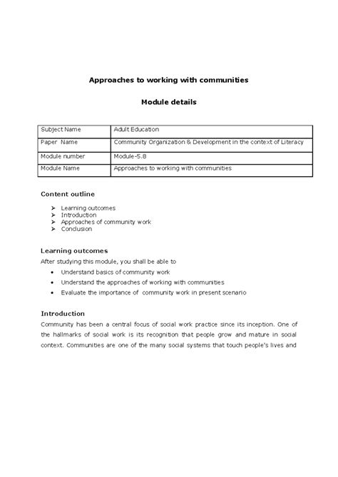 Module-5: Approaches to Community Work in Adult Education - Studocu