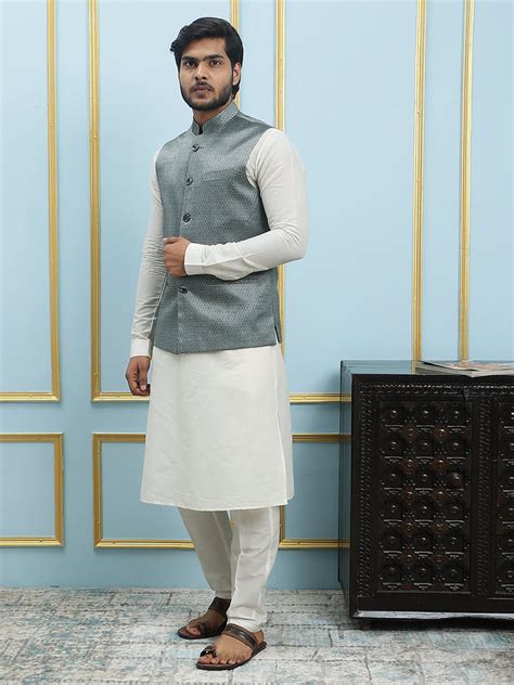 Men's Green Woven Jacquard Nehru Jacket: Premium Men's Ethnic Wear ...