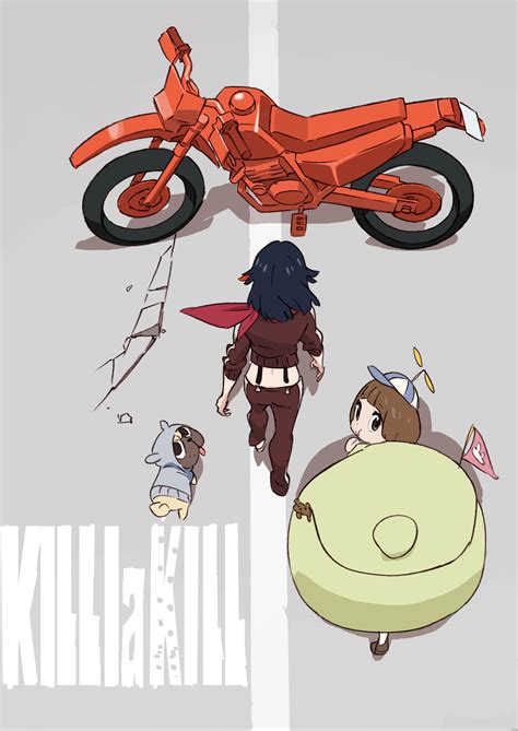 black boots, Matoi Ryuuko, looking at viewer, women with motorcycles, blue eyes, black hair ...