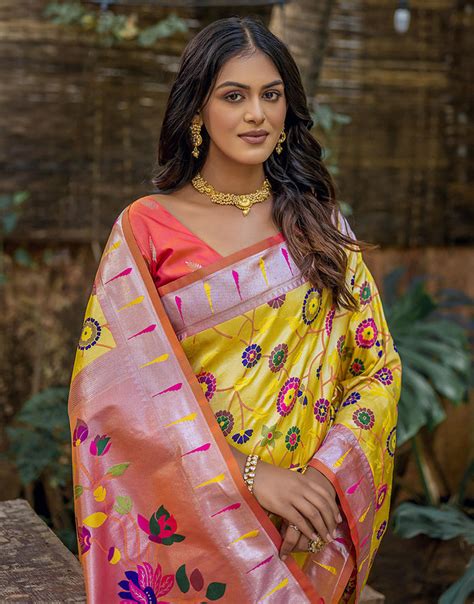 Yellow & Orange Paithani Silk Saree With Floral Zari Weaving Work ...