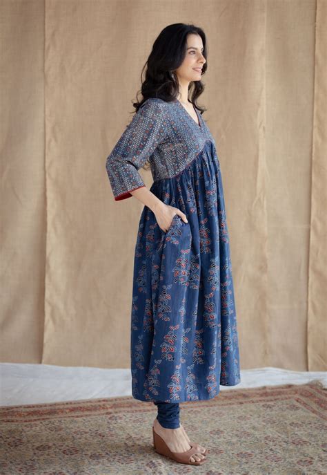 Indian Ethnic Women's Kriti Indigo Ajrakh Cotton A Line Kurta with Hand ...