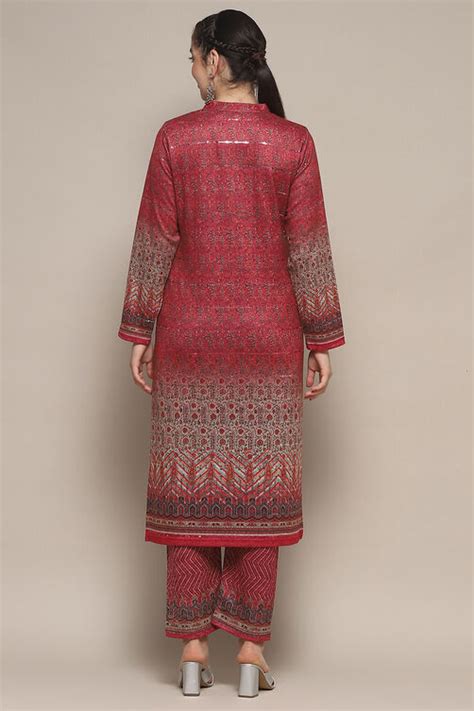 Pink Polyester Straight Printed Kurta Pant Suit Set at Biba India