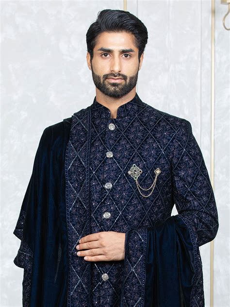 Blue Velvet Embroidered Sherwani Set with Dupatta – Laromani