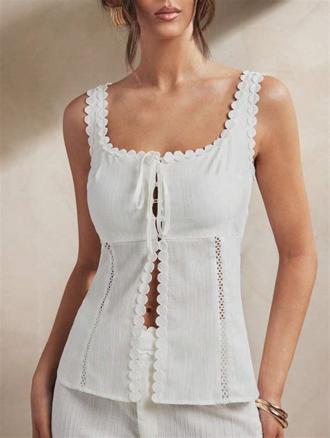 L'Amorae Women's Sleeveless Tie Front Sheer Detail Summer Top With ...