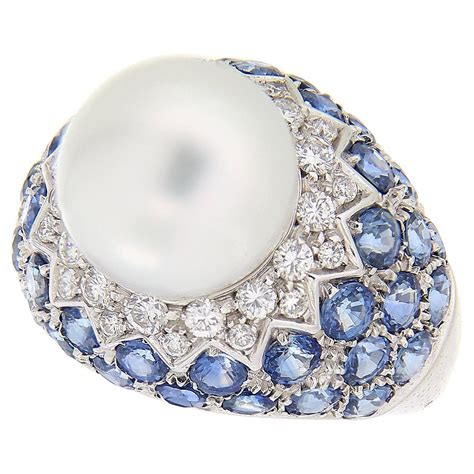 18Kt White Gold "Queen Pearl" Ring Diamonds 0.78ct Blue Sapphires 5.95ct For Sale at 1stDibs ...