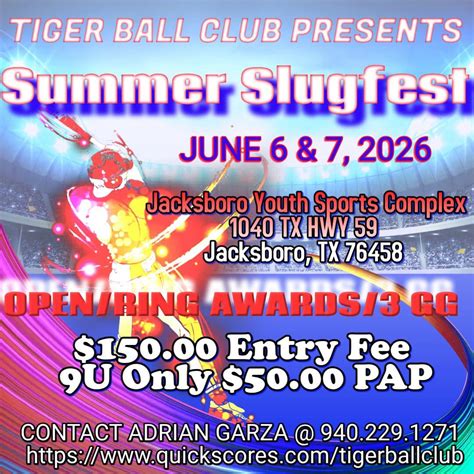 Summer Slugfest 9U Only, 1040 State Highway 59, Jacksboro, TX 76458 ...