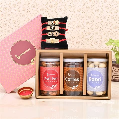 FlowerAura Set Of 4 Designer Rakhi With 100gm Peri Peri Cashews ...