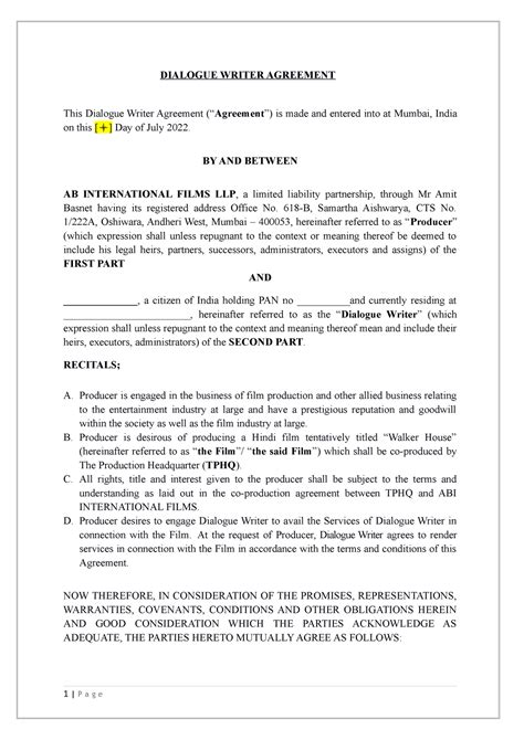 Dialogue Writer Agreement - BY AND BETWEEN AB INTERNATIONAL FILMS LLP ...