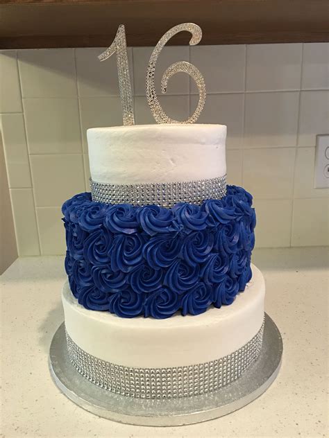 Blue and White Sweet 16 Birthday Cake