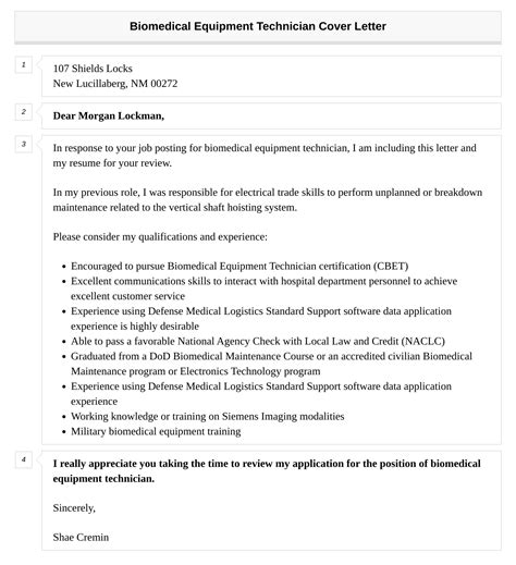 Biomedical Equipment Technician Cover Letter | Velvet Jobs