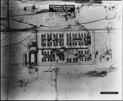 An aerial photograph of Auschwitz III, the Monowitz-Buna camp, taken on ...