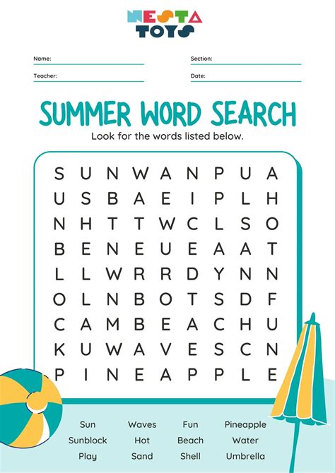 Summer Word Search Activity Sheet – NESTA TOYS