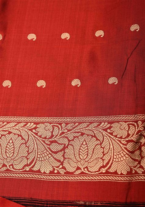 Deep Maroon Banarasi Katan Silk Saree with Floral Zari Buttas and Cont ...