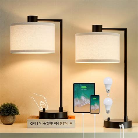 QiMH Table Lamps Set of 2, Bedroom Lamp with USB Charging Ports, Modern ...