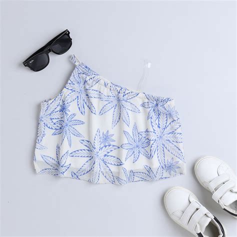 Shop Tropical Printed Asymmetric Neck Aline Crop Top-White/Blue Online ...