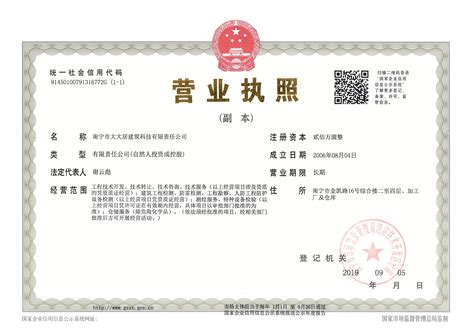 企业法人营业执照（副本） - 资质证件 - 南宁市大大居建筑科技有限责任公司