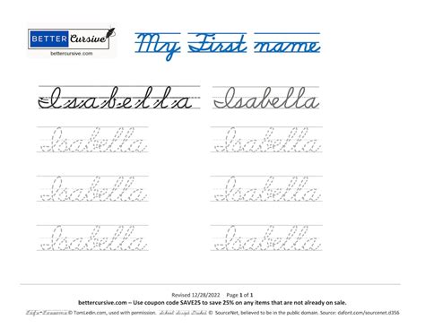 Personalized Gift for Isabella. Customized Cursive First Name Worksheet ...