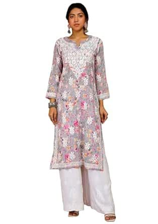 Buy GoSriKi Women's Rayon Blend Chikankari Embroidered Straight Kurta ...