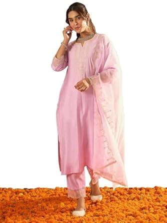 Buy INDO ERA Women's Lavender Liva Embroidered Straight Kurta & Pant ...