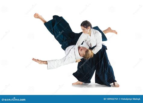 Man and Woman Fighting at Aikido Training in Martial Arts School Stock ...