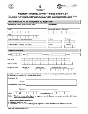Main Roads Accreditation Roadworthiness Checklist - Fill and Sign ...