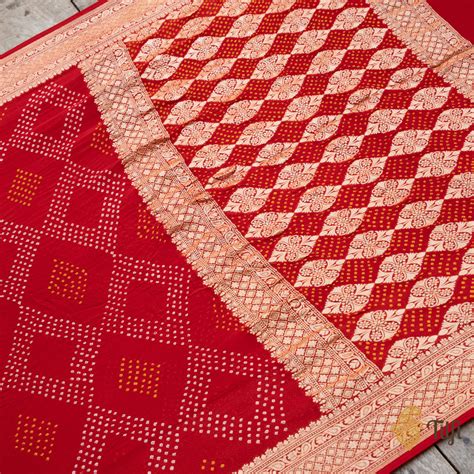 Red Pure Georgette Banarasi Bandhani Handloom Saree - Tilfi
