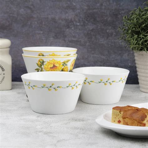 Buy Clay Craft White And Yellow Ceramic Snack Bowl - 470ml - Set of 4 ...