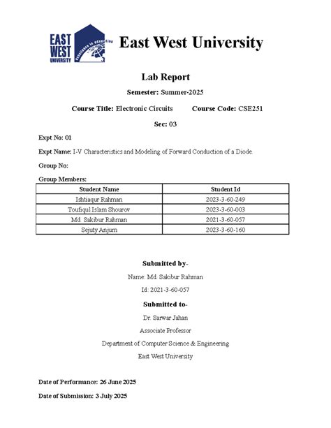 CSE251 Lab Report: Forward Conduction Characteristics of a Diode - Studocu