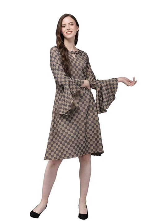 Buy MIMOSA Navy Blue & Beige Color Checked Boat Neck A-Line Dress for ...