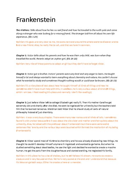 Frankenstein (ENG 101) Chapter Summaries and Opinions Analysis ...