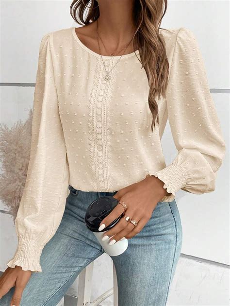 Calvaya Swiss Dot Guipure Lace Insert Lantern Sleeve Blouse,Ladies ...