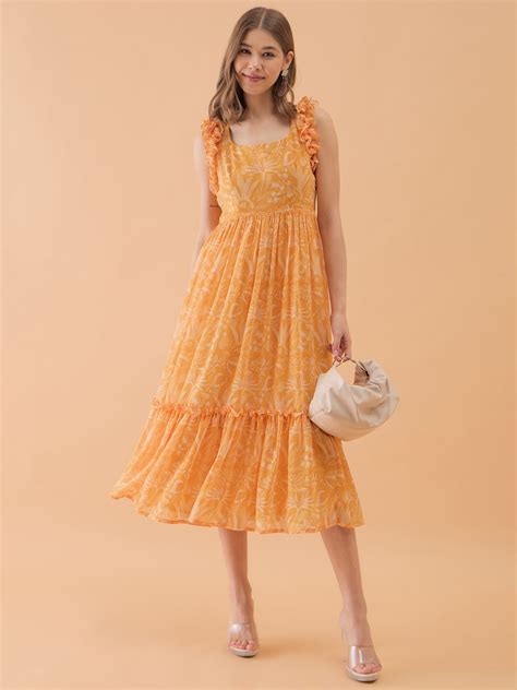 Yellow floral print Georgette Fit & Flare Midi Dress – Octics