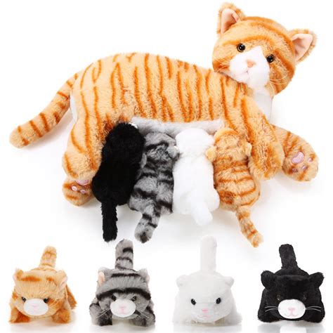 Amazon.com: Skylety Nurturing Cat Stuffed Animal with 4 Plush Kittens ...