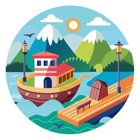 Lakeside boat dock with mountain backdrop vector design | Premium Vector