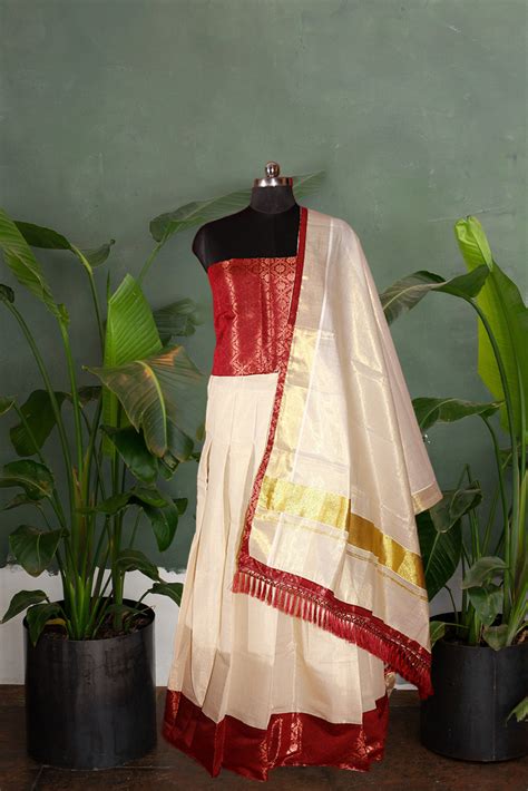 Maroon Brocade bordered Kerala Tissue Kasavu Half Saree / Dhavani Set ...