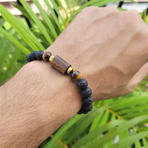 Tiger Eye Matte Tumble Bracelet With Lava Stone And Golden Hematite ...