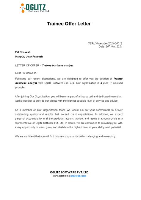 Letter of Training Pal Bhavesh - Trainee Offer Letter OSPL/November ...