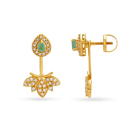 Leaf Motif Emerald Studded Gold Drop Earrings