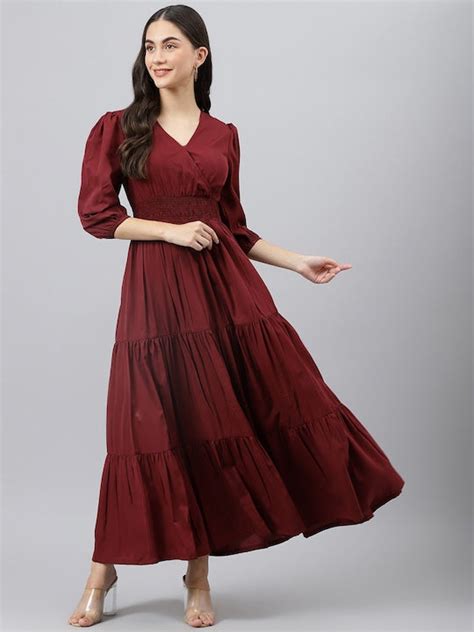 Maroon A-Line Tiered Maxi Dress