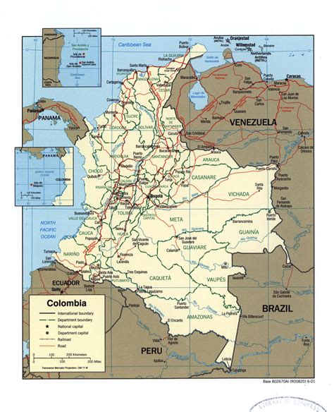 Large detailed political and administrative map of Colombia with marks of cities roads and ...