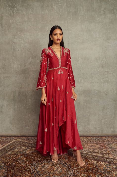 Red Embroidered High Low Anarkali With Palazzo | Deval Store