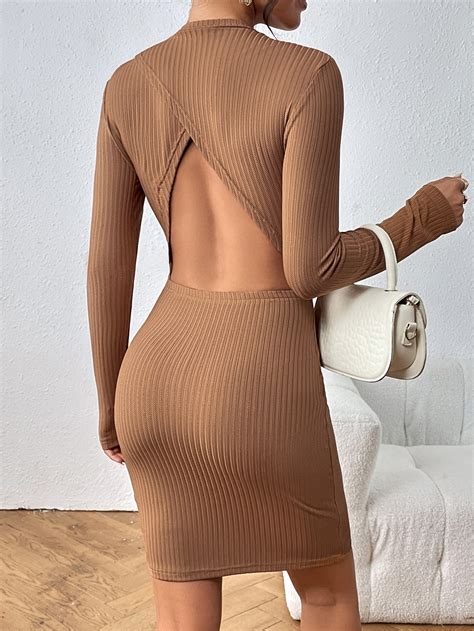 Shop Brown Full Sleeve Back Cut-Out Detail Dress - for Women | OUTZIDR ...
