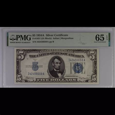 1934A $5 Silver Certificate FR 1651 PMG Gem Uncirculated CU 65 EPQ ...