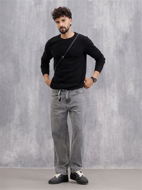 Crinkled Solid Textured Knit Long Sleeve Crew Neck T-Shirt | Black – Wrogn