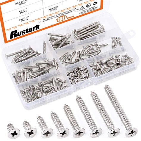 Rustark 180Pcs [#8 3/8" to 1-1/2"] 304 Stainless Steel Countersunk Flat ...