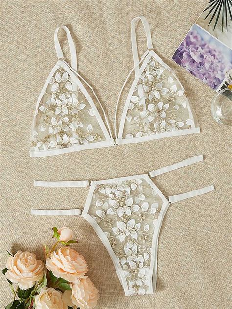 Corte Fora Bordado Puro Floral Romântico Lingerie Sexy Feminina | SHEIN ...