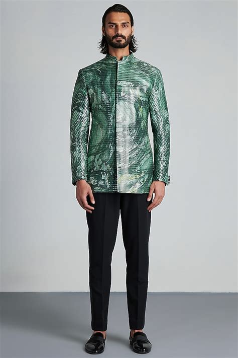 Buy Amit Aggarwal Men Emerald Handwoven Bandhgala Set at Pernia ...